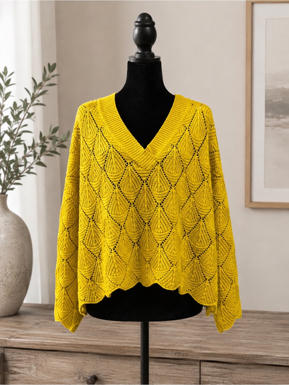 Daytrip Cropped Golden Mustard V-Neck Openwork Knit Slouchy Cropped Sweater